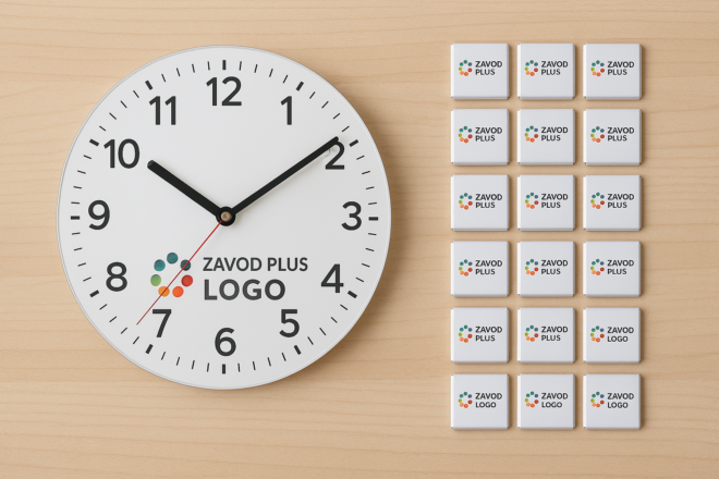 Подарочный набор Zavod Plus Logo: 1 настенные часы с логотипом и 100 брендированных шоколадок по 5 г